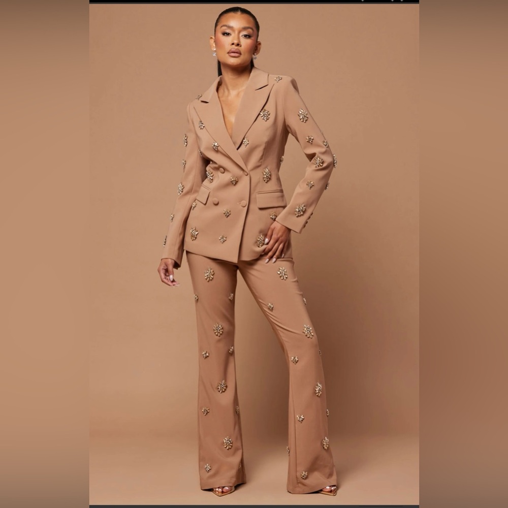 RICH RLEGANT CLASSY SUIT UPSCALE MOCHA EMBELLISHED PANT SET WITH BLAZER